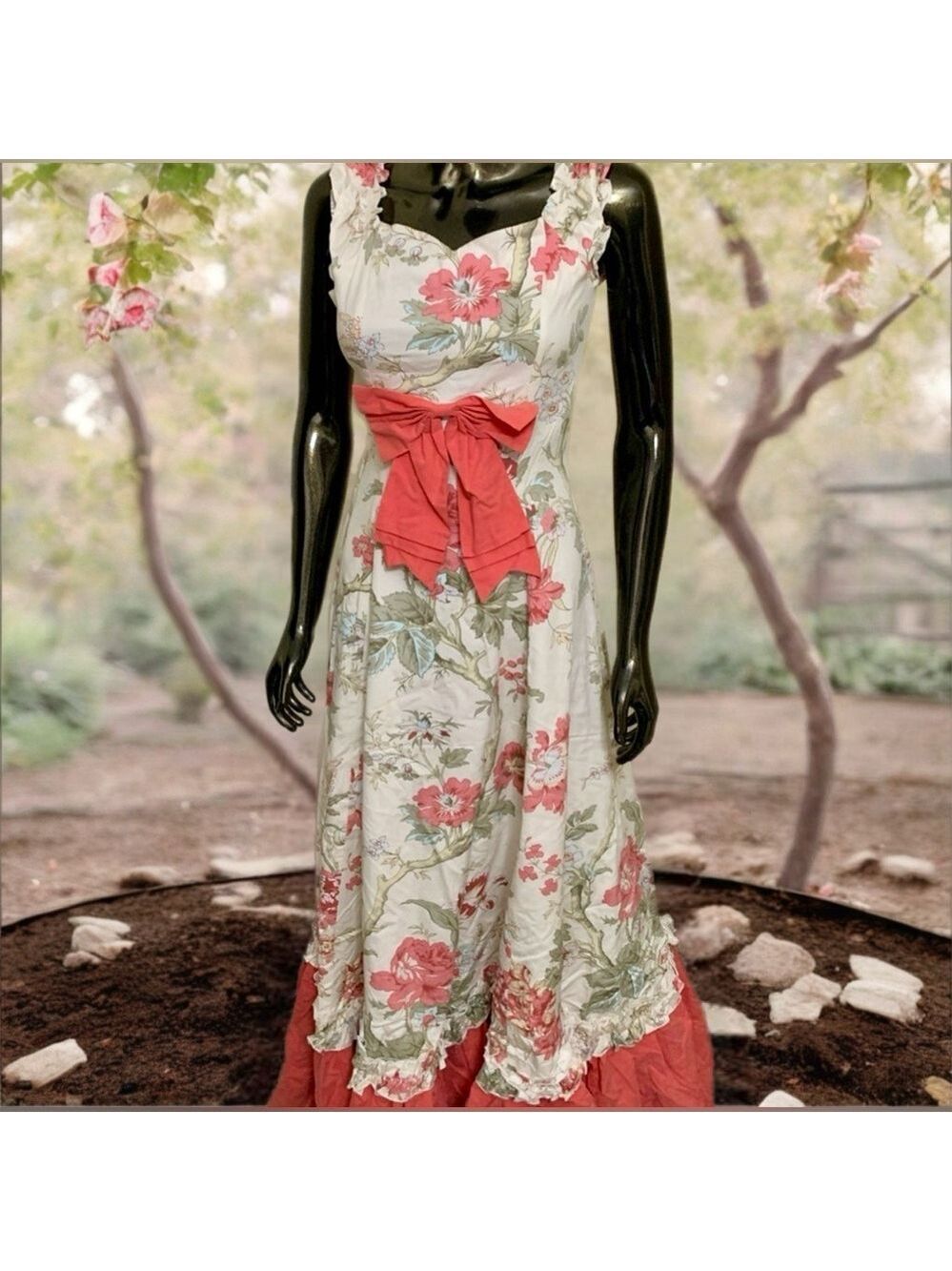 🎉HP🎉Victorian Choice Floral Cottagecore Midi Dress w/ Coral Ruffle Bow - Small - Picture 8 of 11